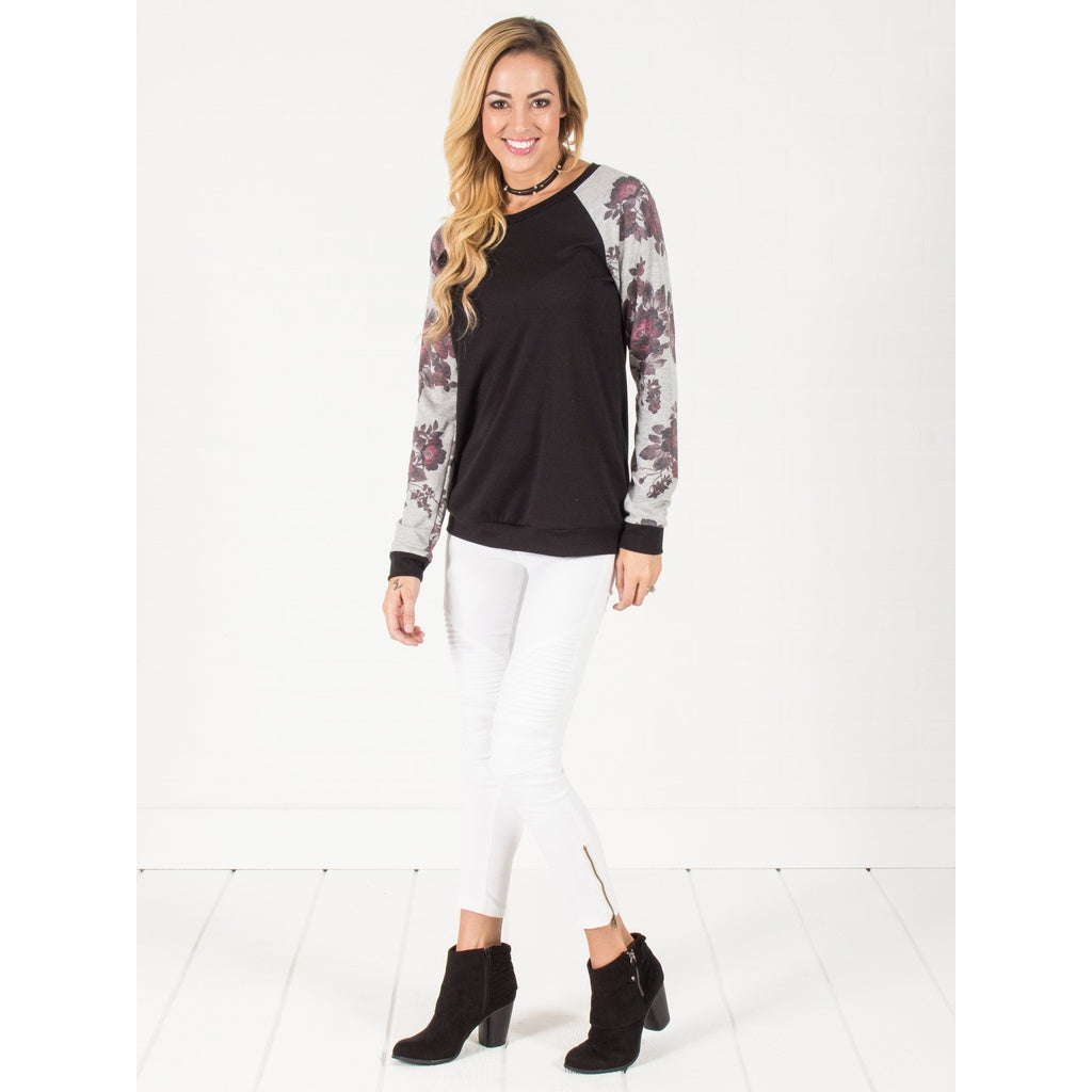 Floral Sleeve Pullover Sweater - Black