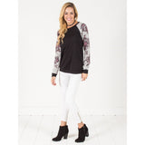 Floral Sleeve Pullover Sweater - Black