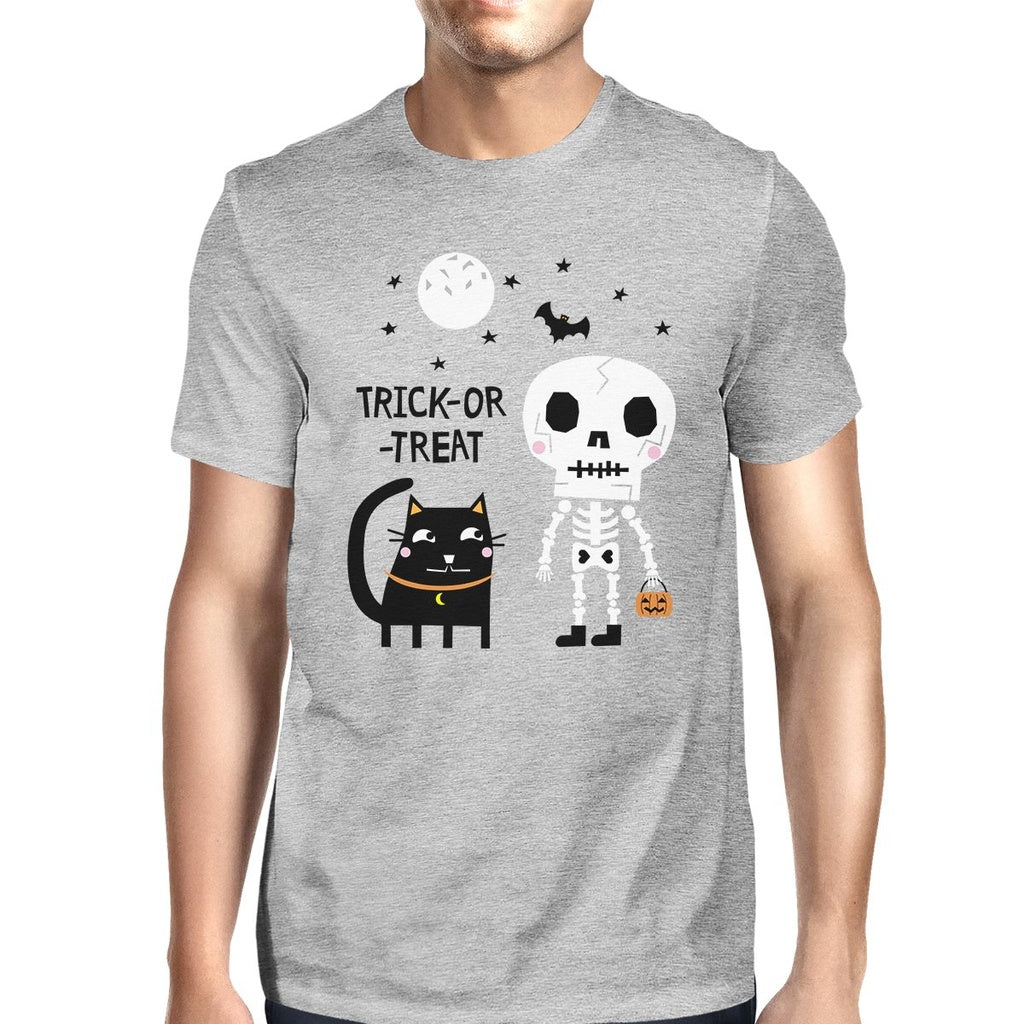 Trick-Or-Treat Skeleton Black Cat Mens Grey Shirt