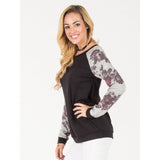 Floral Sleeve Pullover Sweater - Black