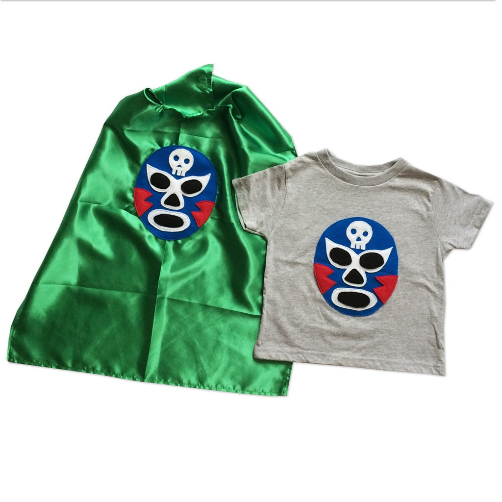Kid's Cape and Shirt-Luchador Azul - Blue Mexican Wrestler Toddler T-Shirt & Green Cape Combo